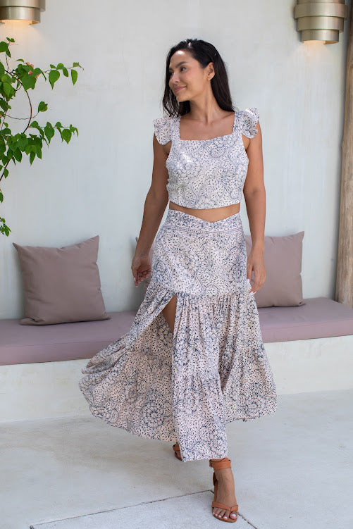 Palmer Skirt - Creme & grey sunflower - Batik - Gypsy Of Eden