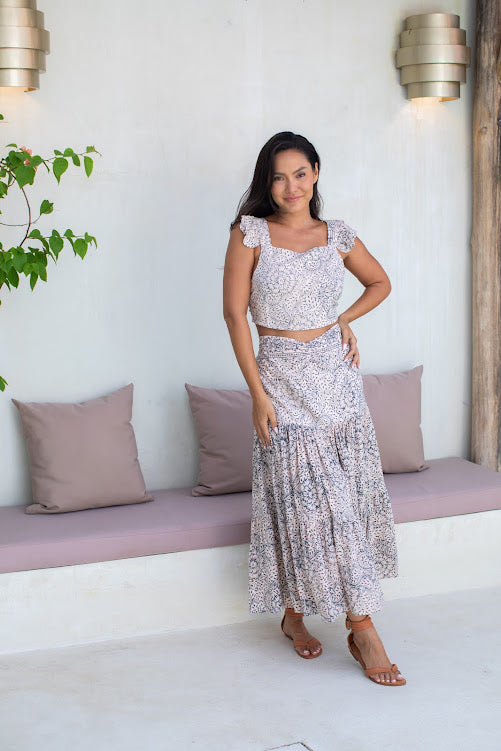 Palmer Skirt - Creme & grey sunflower - Batik - Gypsy Of Eden