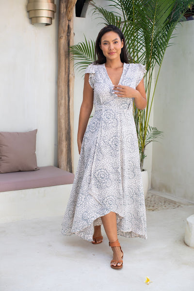 Wrap Dress - Creme & grey sunflower - Batik - Gypsy Of Eden