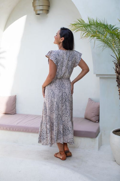 Gypsy Dress - Creme and Grey Sunflower - Batik - Gypsy Of Eden